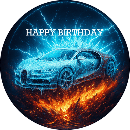 OPŁATEK NA TORT URODZINY 18 30 40 50 BUGATTI AUTO LOGO OGIEŃ LÓD